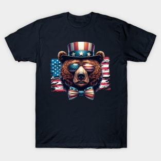 Bear Uncle Sam Hat Sunglasses American Flag 4th of July T-Shirt